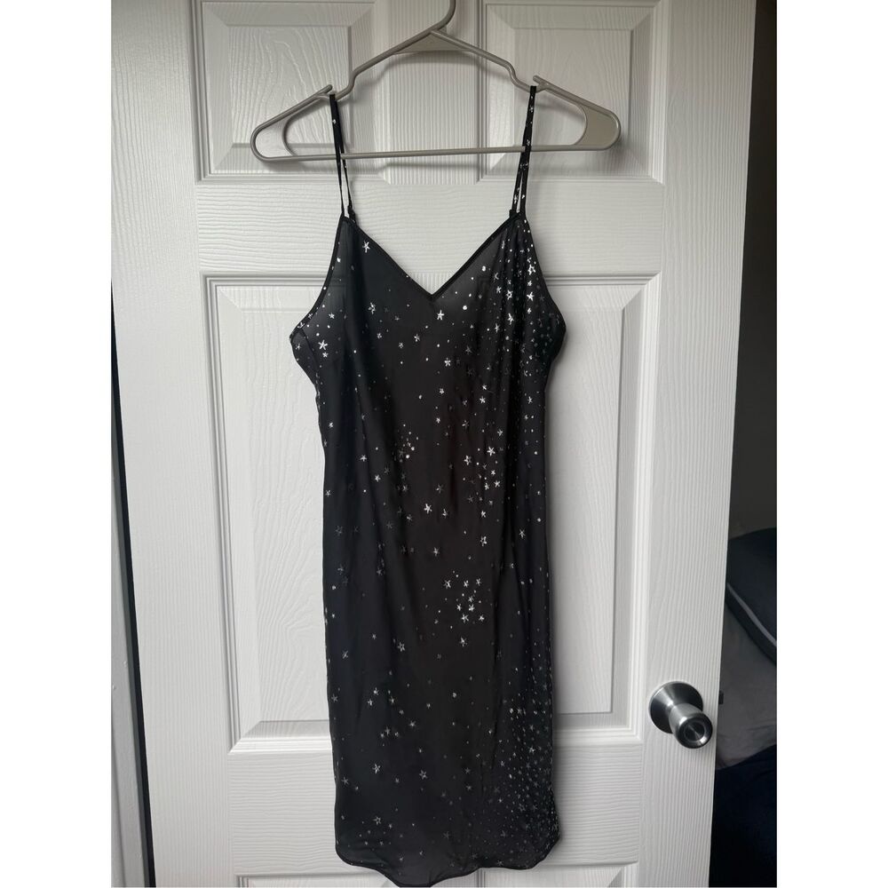 Victoria's Secret Slip Dress Black Silver Sparkle Stars Lingerie Medium Night Ou